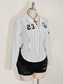 SHEIN ICON Plus-Size Women's Retro Casual Sports Y2K Millennial Style Digital Pattern Racing Style Black And White Striped Print Curved Hem Slim Long-Sleeved Shirt