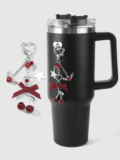 Kawaii 1pc Y2K Chic & Sweet Fashion Delicate Personalized High-Quality Silver Hollow Chain Crystal Ball Dice Wing Water Diamond Heart Star Ribbon Bow Cherry Resin Pendant DIY Keychain, Bag Charm, Cup Hanger, Phone Charm, Comes With Phone Holder & Heart Sticker, Suitable For Women, Girls, Daily Wear, Holiday Gift