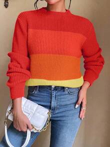 EMERY ROSE Women's Casual Everyday Commute Colorblock Funnel Neck Loose Knit Sweater, Autumn/Winter - Orange - View 4