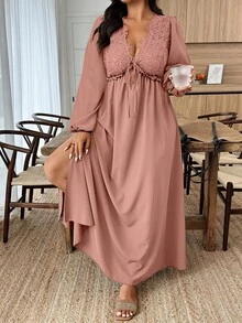 SHEIN LUNE Plus Size Elegant Lace Patchwork Side Slit Dress - Dusty Pink - View 3