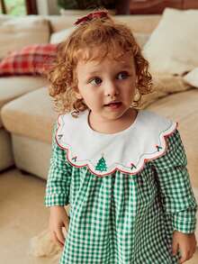 Souflis Souflis 1 件女婴秋季新款服装，绿色格子圣诞树刺绣领子，长袖前开衫，可爱时尚的圣诞连衣裙 - 綠色 - 查看 7
