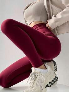 DAZY High Waist Solid Color Skinny Leggings, Fashionable & Versatile Tights - Burgundy - View 3
