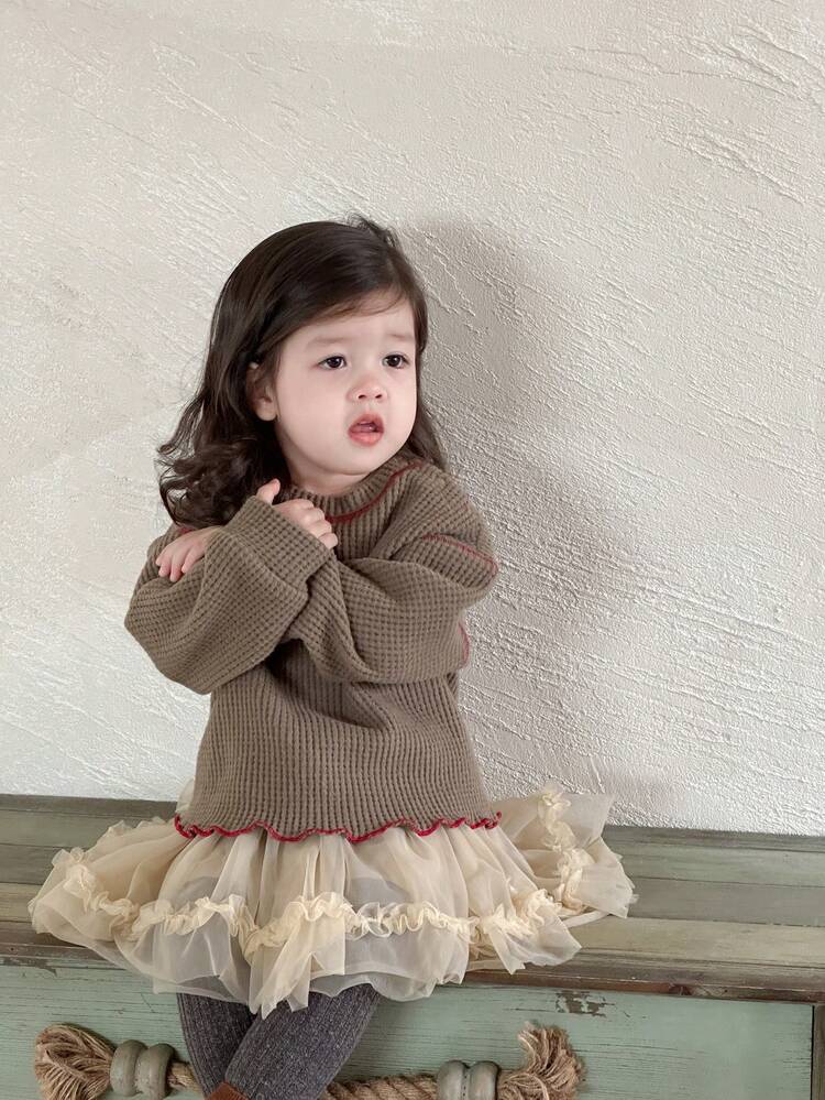 Baby Girl Loose Fit Round Neck Drop Shoulder Long Sleeve Casual Sweatshirt, Autumn/Winter Toddler Girls Clothes