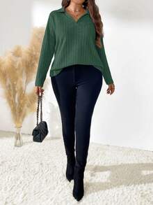 EMERY ROSE Plus Size Solid Color Ribbed Collar Long Sleeve T-Shirt, Casual Autumn Fall - Green - View 3