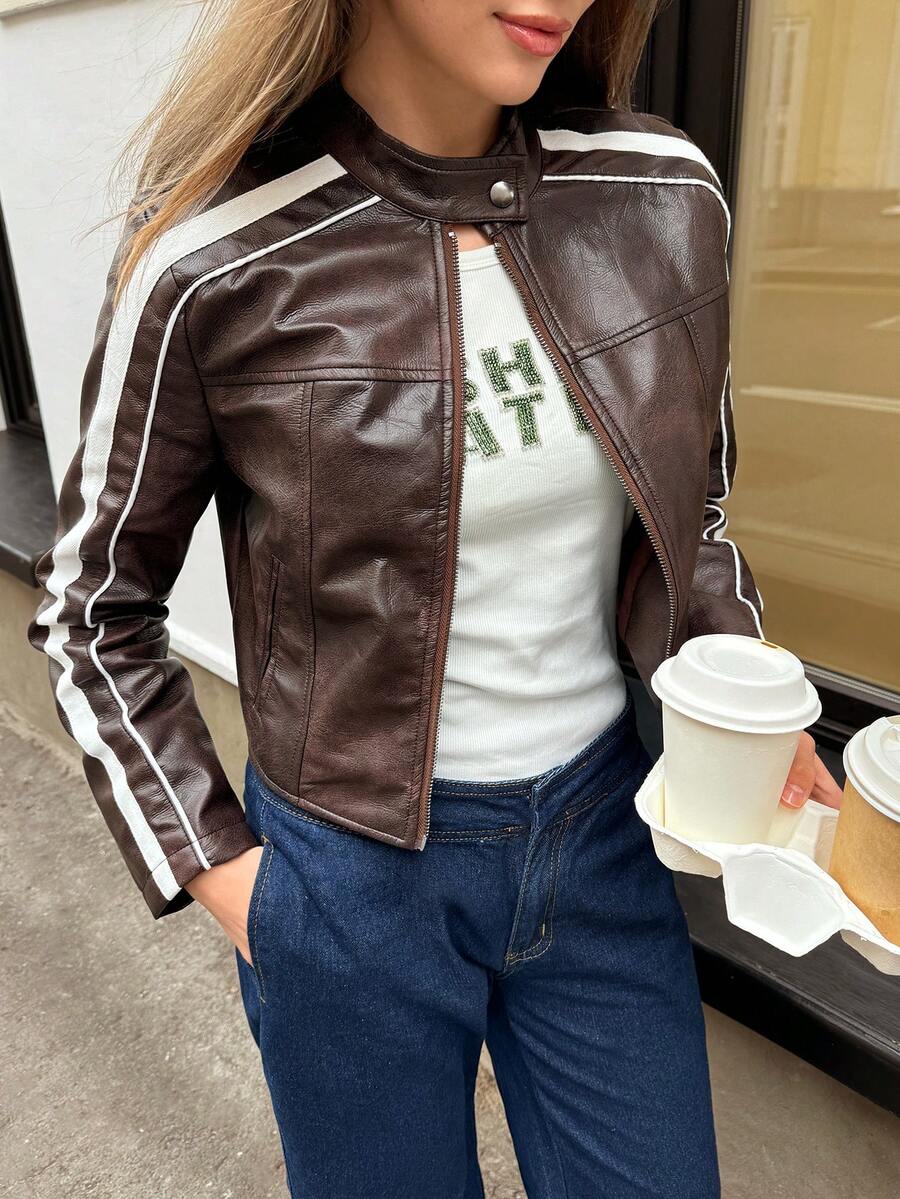 SHEIN Damen gestreifter Lässig Braun Kunstleder Motorrad Kurzblazer mit Langarm, Retro Lässig Stil für den Herbst, Old Money Stil, Scheunenstil, Herbst Muss-haben Mantel, für den täglichen Ausgang, Treffen mit Schwester, Lässig Zuhause, bequem und einfach, Flughafen Outfit - Braun - Übersicht 1