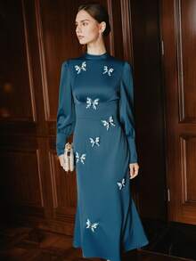Anewsta Elegant Satin Waist-Cinched Butterfly Decor Dress, Flattering Silhouette - Blue - View 5