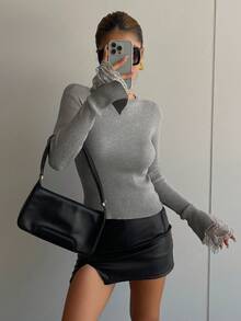 DAZY 蕾丝拼布修身女式套头衫 - 灰色 - 查看 4