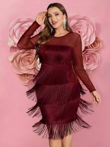 SHEIN Clasi Vestido de malla con volantes y parches, talla grande, para otoño/invierno - Burdeos - Ver 1