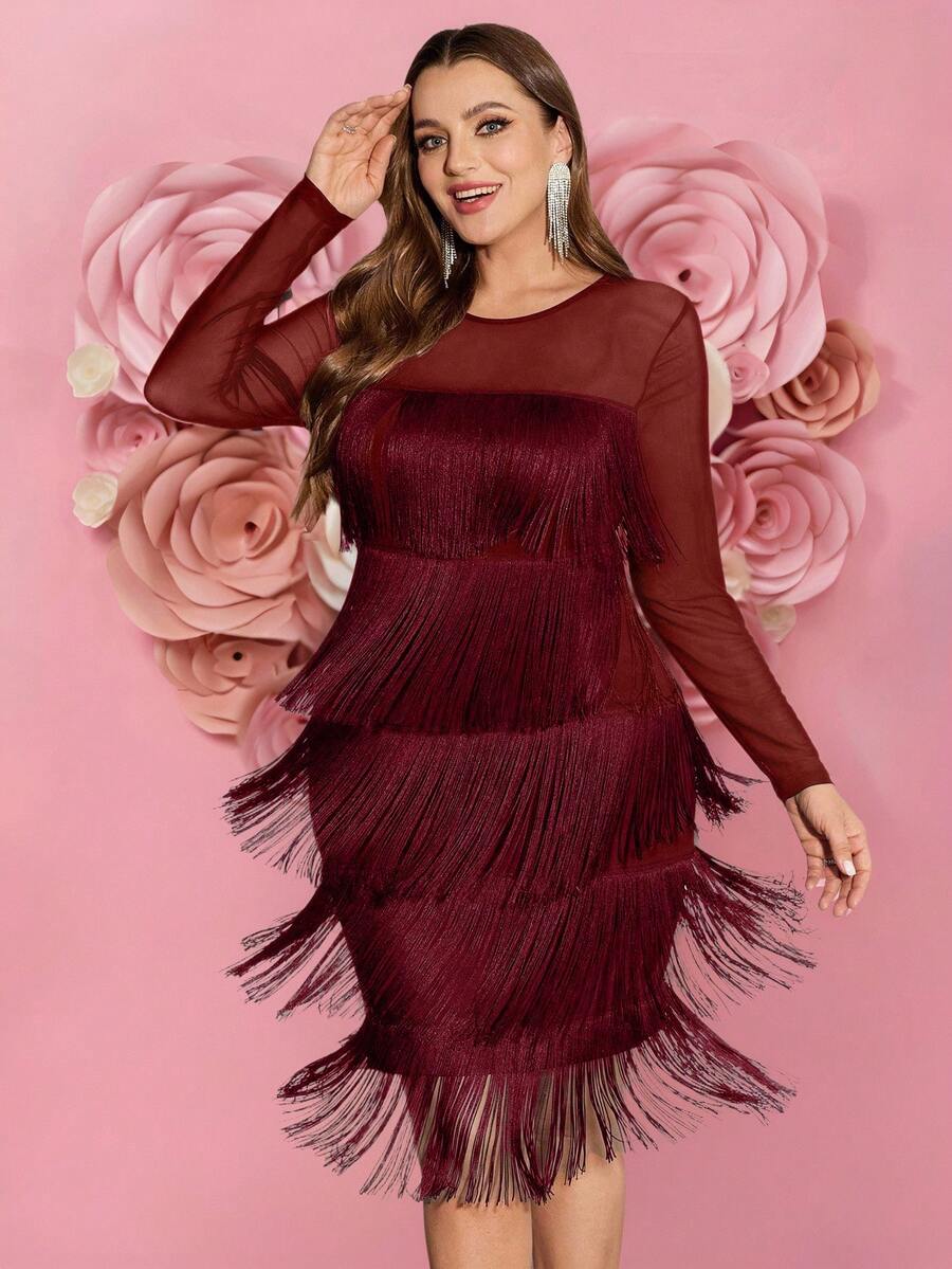 SHEIN Clasi Vestido de malla con volantes y parches, talla grande, para otoño/invierno - Burdeos - Ver 1