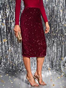SHEIN Clasi Jupe à paillettes rouge bordeaux pour femmes, tenue de fête automne/hiver Noël Nouvel An Thanksgiving élégante - Rouge foncé - Voir 8