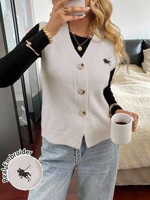 Siren Gaze 女式休闲单排扣时尚休闲纽扣 V 领豹纹毛衣背心，带小标志刺绣秋季上衣，针织毛衣，秋冬，撞色饰边无袖针织保暖上衣，休闲日常穿着，FW25，通勤，极简主义，办公室，老钱，简约，秋冬，女式针织背心纽扣背心无袖开衫，四季，冬季 - 杏色 - 查看 3