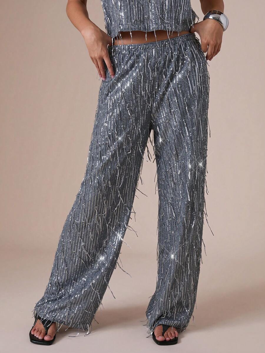 COSMINA Pantalon large à paillettes et franges pour femmes, convient pour le port en automne, les rendez-vous, les sorties, les cocktails, les dîners, le Nouvel An, Noël - Gris - Voir 1