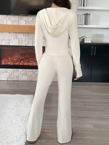 SHEIN EZwear Women Ribbed Knit Thickened 2 Pieces Set, Suitable For Daily Wear, Autumn/Winter - Apricot - View 2