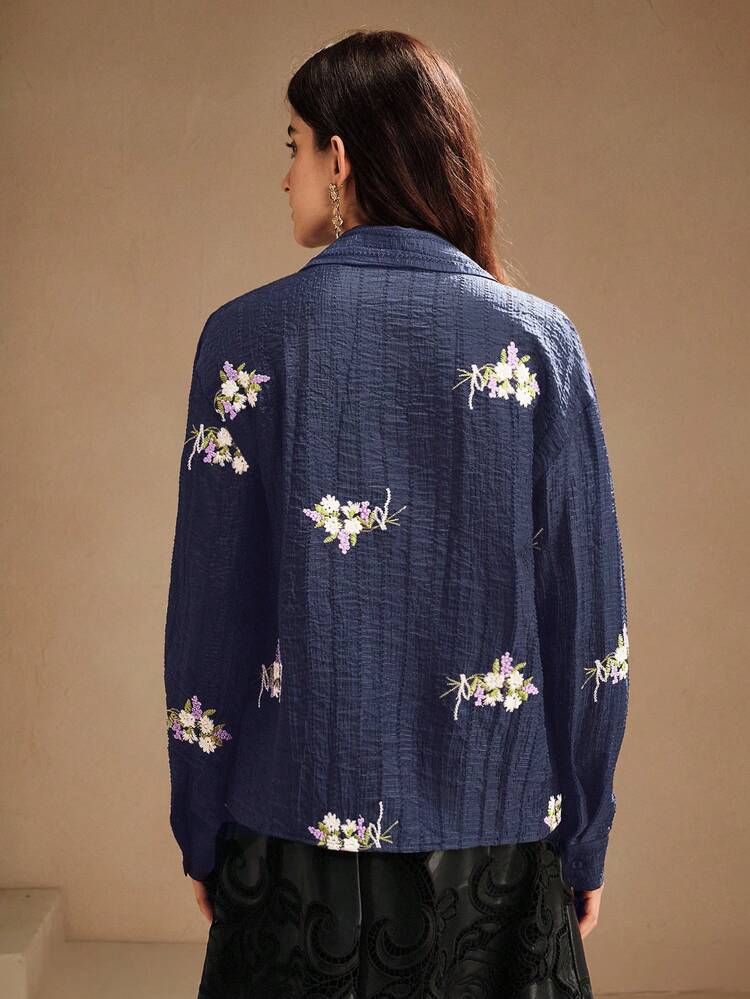 Women's Solid Color Textured Floral Embroidered Drop Shoulder Blouse