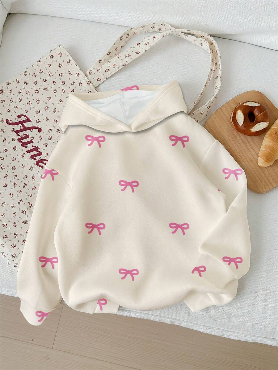 Comfortcana Casual Minimalist Valentine's Day Sweet Apricot Butterfly Print White Sweatshirt, Suitable For Autumn/Winter - Multicolor - View 1
