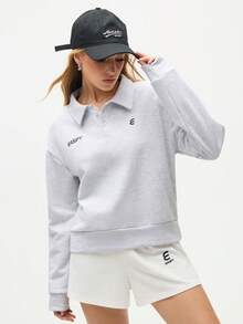 SHEIN Sports 女式短款 Polo 衫，带标志，休闲超大码运动衫，适合休闲、运动和日常穿着 - 淺灰色 - 查看 5