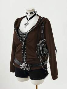 Sunspun Chaqueta con capucha de manga larga con remaches de estilo punk oscuro de moda para tallas grandes - Marrón - Ver 5