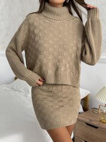 EURMUSE Taupe Textured Turtleneck Sweater & Ribbed Knit Skirt Co-Ord Set High Neck Checkered Knit Two Piece Set With Oversized Sweater And Bodycon Mini Skirt For Cozy Fall Looks - Camel - View 3