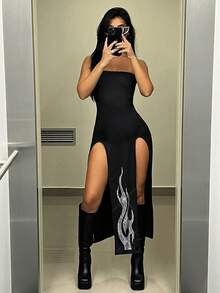SHEIN ICON Women's Bodycon Black Dress With Flame Rhinestone & Slit Design - Black - View 3