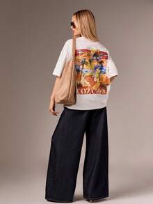 AiiRZ Oversized Graphic Back Crew Neck Cotton T-Shirt With Tropical Palm Tree Cozumel Beach Print - White - View 4