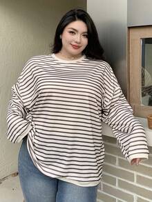 Dazy Plus Sudadera holgada de manga larga con cuello redondo y rayas para mujer de talla grande, otoño