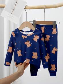 2 件套幼儿男童可爱小熊饼干印花针织羊毛圆领长袖上衣和裤子紧身家居服套装，海军蓝，冬季 - 藏蓝色 - 查看 3