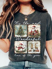 EMERY ROSE It's The Most Wonderful Time Of The Year T-Shirt, Vintage Christmas Graphic Tee, Retro Santa Snowman Reindeer Holiday T-Shirt - Dark Grey - View 1