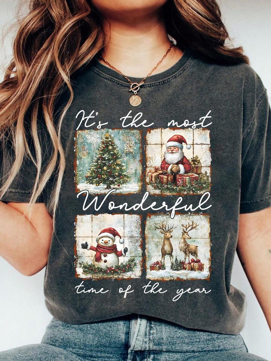 EMERY ROSE It's The Most Wonderful Time Of The Year T-Shirt, Vintage Christmas Graphic Tee, Retro Santa Snowman Reindeer Holiday T-Shirt - Dark Grey - View 1