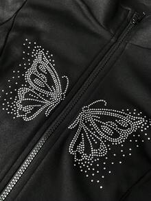 SHEIN MOOSTA 1 Áo khoác nữ thường, màu đen, thu/đông, vải thun dệt kim nỉ, họa tiết bướm đính đá, khóa kéo, thường ngày và thời trang - màu đen - Xem 7