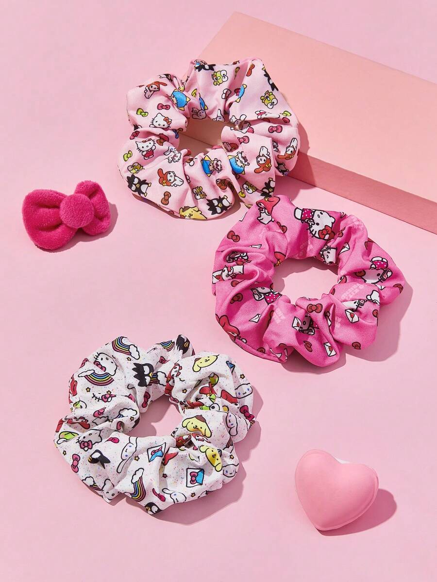 HELLO KITTY AND FRIENDS | SHEIN 3 件高弹力螺旋发带,适用于日常发型设计、马尾辫固定器 - 彩色 - 查看 1