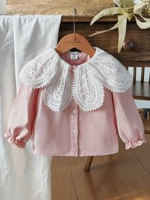 SHEIN Vintaside Kids 女婴白色蕾丝领长袖衬衫，时尚百搭娃娃衬衫，舒适时尚，适合日常穿着，春秋季 - 粉色 - 查看 4
