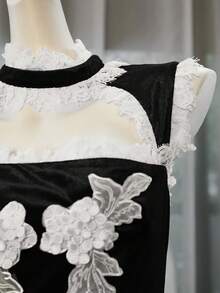 Glisette Vintage Elegant Hollow Lace Trim High Neck Midi Dress For Women - Multicolor - View 11