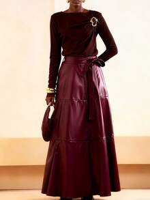 Zivah 2025 秋冬新品，音乐节，毕业季，学院风，学生装，日常休闲，度假，海滩，街头风，通勤优雅，腰带口袋PU皮裙，酒红色 - 酒紅色 - 查看 8