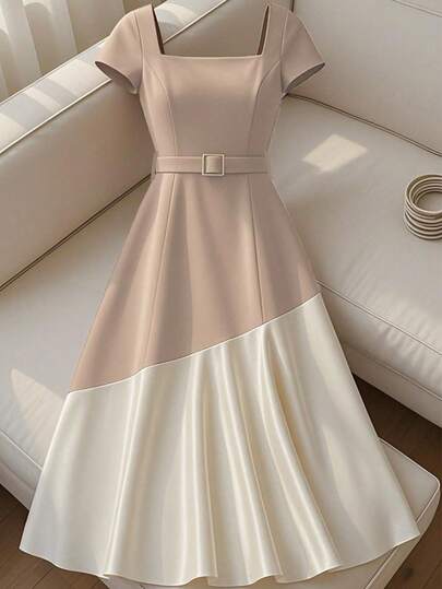 Franclia French Elegant Off Shoulder Spliced Belt Dress Casual Dresses For Woman Elegant Dresses For Women Summer Dress Clothes For University