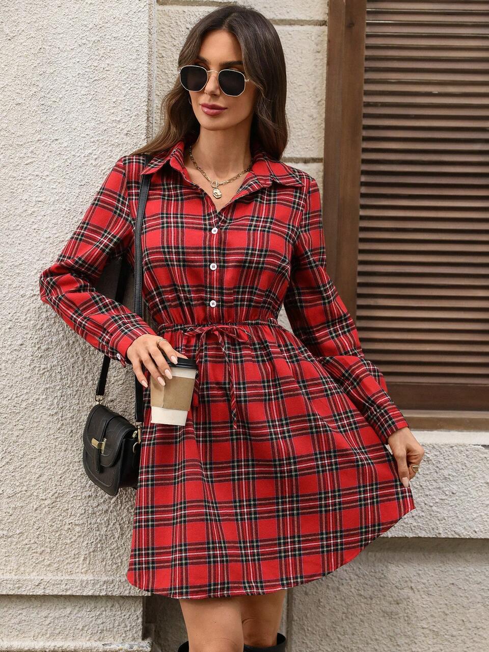 Women's Red And White Plaid Long Sleeve Tie-Waist Casual Shirt Dress,Autumn Checkered Everyday Back-To-School Winter Christmas New Year Dresses
