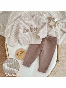 Loomiva Bộ 2 món áo len cổ tròn tay dài in chữ và quần lưng thun màu trơn cho bé trai/bé gái sơ sinh - Nhiều màu - Xem 5