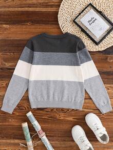 SHEIN Sweater Kasual Lengan Panjang Bergaris Ukuran Besar untuk Anak Laki-laki, Pakaian Musim Gugur dan Musim Dingin untuk Anak Perempuan - Grey - View 2