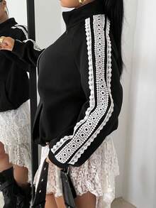 POPSWAY Sudadera de manga larga con diseño de encaje a rayas y empalme de talla grande para otoño, invierno, primavera/otoño, otoño/invierno, Nuevo otoño - Negro - Ver 4