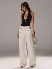 SHEIN Tall Áo crop top hở lưng cổ chữ V dự tiệc dành cho nữ - màu đen - Xem 3