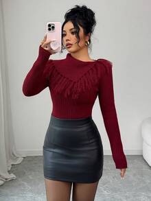 Firerie Women's Elegant Burgundy Autumn Long Sleeve Fitted Knit Sweater,Asymmetrical Collar Fringe Stand Collar Office Wear Casual Everyday Night Out Top - Burgundy - View 7