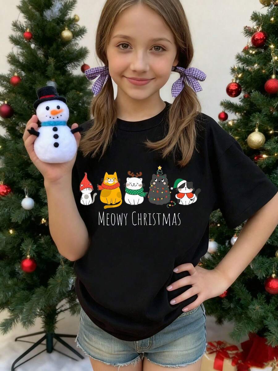 Girls Casual Christmas Elements Snowflake Santa Claus Gift Slogan Cat Graphic Print Basic Short Sleeve T-Shirt - Black - View 1