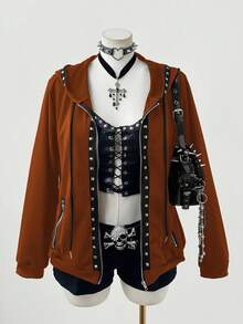 Sunspun Chaqueta con capucha de manga larga con decoración de remaches, estilo oscuro y punk, talla grande - Óxido marrón - Ver 1