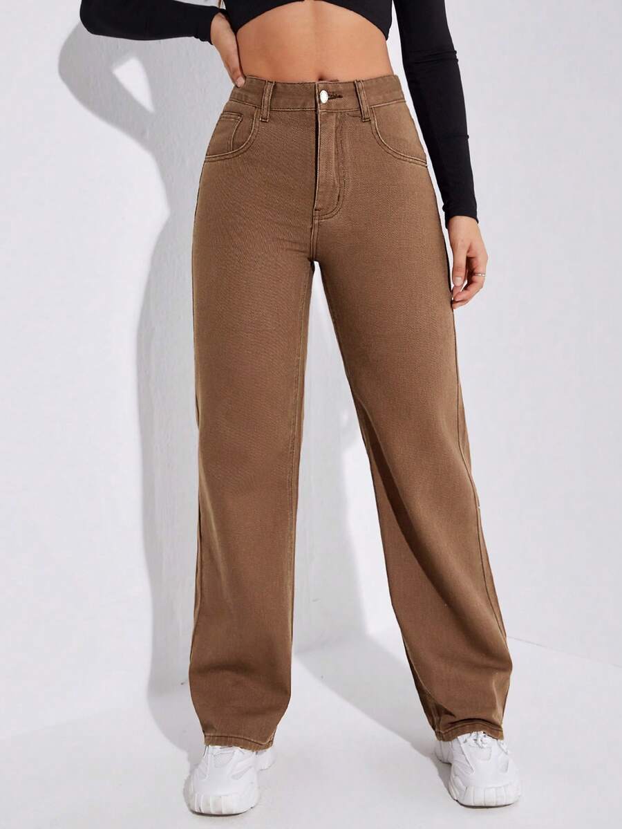 Jeanoix Women's High Waist Pockets Straight Loose Casual Versatile Jeans Pants - Brown - View 1