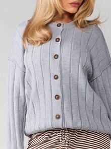 MISSGUIDED Ribbed Button Front Long Sleeve Cardigan With Round Neckline For Casual Layering Fall Winter Comfort - Grey - View 6