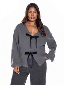 Solavibe Cárdigan informal de talla grande para otoño/invierno, Año Nuevo, Acción de Gracias y Navidad, cárdigan de punto con nudo delantero, otoño/invierno - Gris - Ver 4