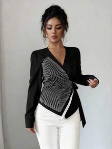 Elenzga Elegant V-Neck Digital Printed Geometric Line Pattern Long Sleeve Asymmetrical Hem Tie Bow Blouse - Black - View 8