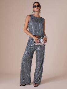 COSMINA Pantalon large à paillettes et franges pour femmes, convient pour le port en automne, les rendez-vous, les sorties, les cocktails, les dîners, le Nouvel An, Noël - Gris - Voir 3