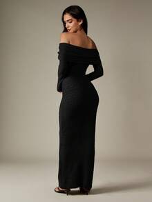 MISSGUIDED Off Shoulder Long Sleeve Knit Maxi Dress Bodycon Evening Formal Party Winter Fall - Black - View 2