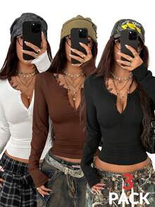 Coolane Women's Spring/Summer Festival Going Out Streetwear Fashion Casual Daily Wear Essentials Stretchy Comfortable Microfleece Long Sleeve T-Shirt Thermal Lined,Cute Tops,Women Long Sleeve Top,Black White And Brown 3pcs - Multicolor - View 4