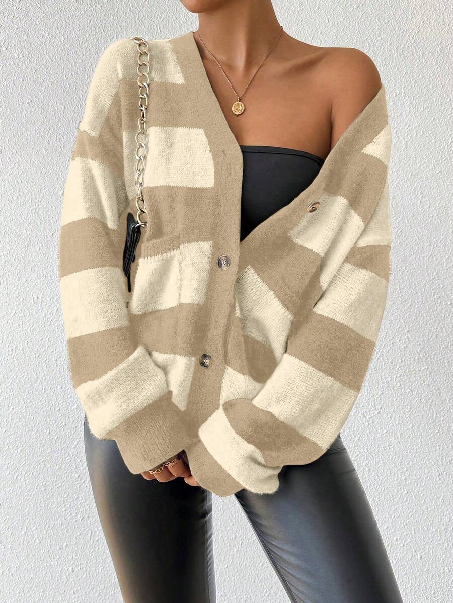 SHEIN LUNE تصميم جديد للخريف/الشتاء كارديجان كنزة صوفية من الفرو المزيف المخطط للنساء - كاكي - مشاهدة 1